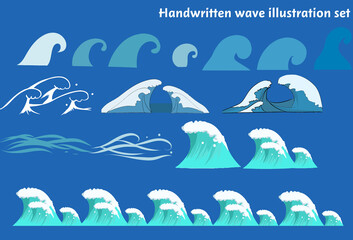 可愛い手書きで描いた波のイラストセット