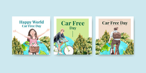 Advertise template with World Car Free Day concept design for marketing  watercolor vector.