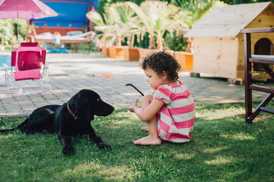 Little girl playing with a black dog in a garden on a hot summer day.