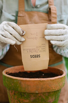 Hand wearing garden gloves hold kraft paper seed envelop over topsoil pot
