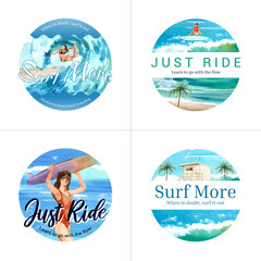Logo with surfboards at beach design for brochure and marketing watercolor vector illustration