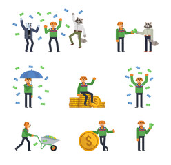 Set of dog characters in green sweater posing with money. Cheerful dog standing with umbrella under money rain and showing other actions. Flat design vector illustration