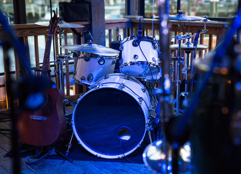 Band drum set on stage at music concert