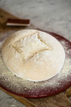 fresh bread dough ready for baking on a terraccotta dish