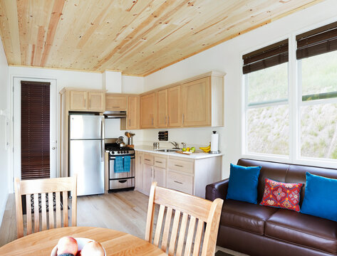 Kitchen, living room and dining room of tiny house cabin