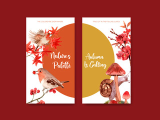 Instagram template with autumn forest and animals concept design for social media and online marketing watercolor vector Illustrations.