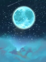 bluely full moon and dreamy starry sky with clouds