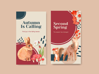 Fototapeta premium Instagram template with autumn forest and animals concept design for social media and online marketing watercolor vector Illustrations.