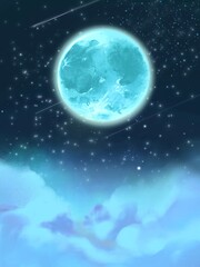 bluely full moon and dreamy starry sky with clouds 