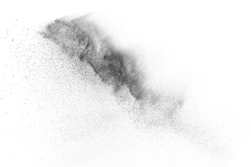 Fototapeta na wymiar Black particles explosion isolated on white background. Abstract dust overlay texture.
