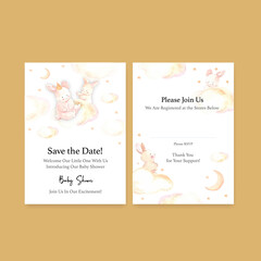 Invitation card template with baby shower design concept watercolor vector illustration.