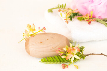 tamarind herbal soap health care for body skin with terry cloth  arrangement flat lay style on background white 