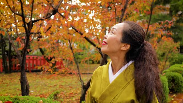 Elegant Japanese woman enjoying a walk in the forest with fall colors in Kyoto Japan