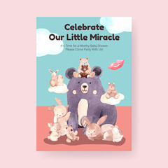 Poster template with baby shower design concept for advertise and marketing watercolor vector illustration.
