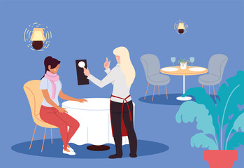 woman in restaurant and waitress taking order