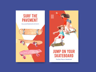 Instagram template with skateboard design concept for social media and marketing watercolor vector illustration.