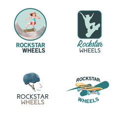 Logo with skateboard design concept for brand and marketing watercolor vector illustration.