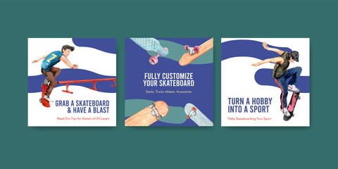 Ads template with skateboard design concept for advertise and leaflet watercolor vector illustration. © photographeeasia