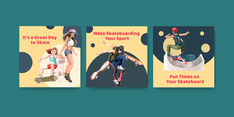 Ads template with skateboard design concept for advertise and leaflet watercolor vector illustration. © photographeeasia