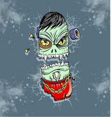 Colorful vector illustration in cartoon style, of imaginary, broken skateboard with monster face.