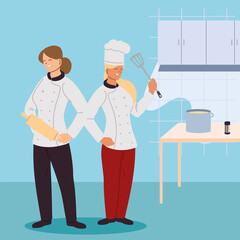 women chefs in kitchen of restaurant