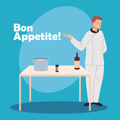 young man cook with food and table of work