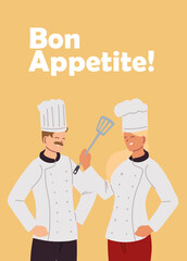 couple chefs with uniform and elements de kitchen