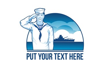 Sailor Doing Salute with War Ship in Background and Place for Text