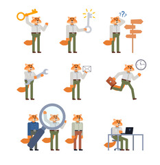 Set of red fox characters showing various actions. Cheerful fox holding big key, mail letter, screwdriver, running, working and showing other actions. Flat design vector illustration