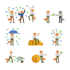 Set of red fox characters posing with money. Cheerful fox standing with umbrella under money rain and showing other actions. Flat design vector illustration