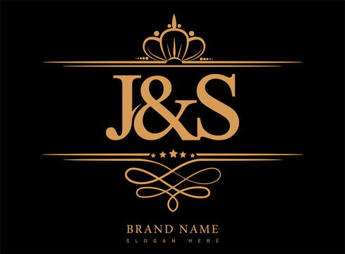 JS Initial logo, Ampersand initial logo gold with crown and classic pattern.