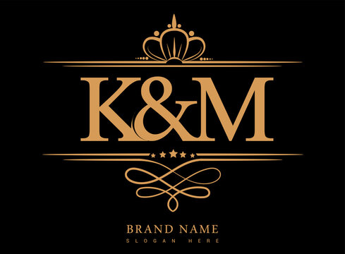 KM Initial logo, Ampersand initial logo gold with crown and classic pattern.