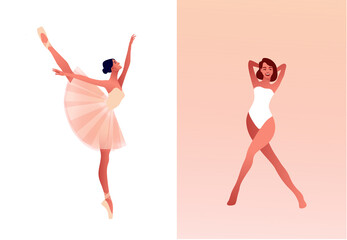 Ballerina and modern dancer flat vector set illustration. Beauty of classic ballet. Young graceful woman ballet dancer wearing tutu. Pointe shoes, pastel colours © Asya