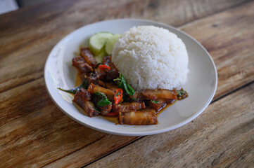 ka prao mooh krop Crispy Pork Basil with rice Thai food