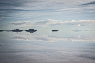 flat uyuni salt and desert , infinite mirror and water 