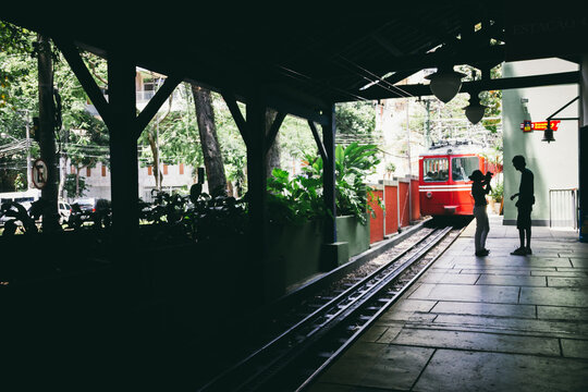 Train station of Corcovado with silhouette of people in Rio de Janeiro, Brazil
