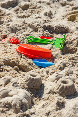 Children toys for relax or playing on sand at beach. Vacation time