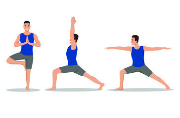 Obraz na płótnie Canvas Healthy Man Doing Yoga workout. Asanas set. Tree, Warrior one, two, three, Boat, Downwards Facing Dog , Upwards Facing Dog Poses