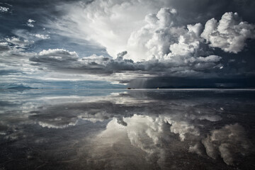flat uyuni salt and desert , infinite mirror and water 