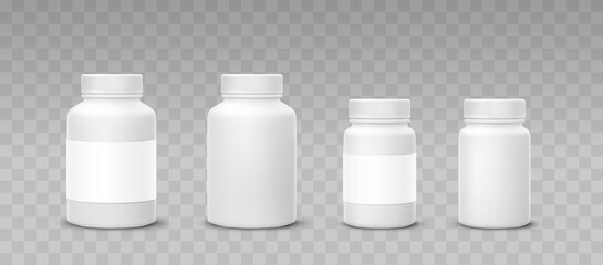 Bottle mockup set with blank label isolated on transparent background. White medicine plastic packages for pills, vitamins or capsules. Vector empty jars, containers mock up