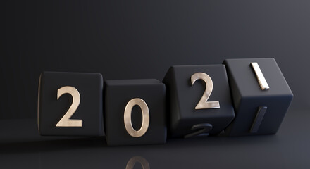 concept of the year 2021. bold letters golden on dices design 3d-illustration
