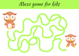 Funny maze or labyrinth game for kids. Help mother find path to baby. Education developing worksheet. Activity page. Cartoon owl characters. Riddle for preschool. Color vector stock illustration.