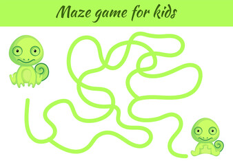 Funny maze or labyrinth game for kids. Help mother find path to baby. Education developing worksheet. Activity page. Cartoon chameleon characters. Riddle for preschool. Vector stock illustration