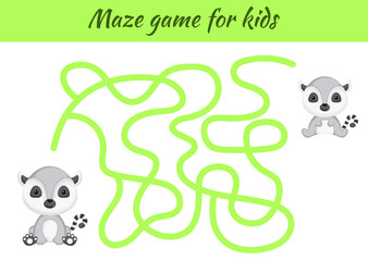 Funny maze or labyrinth game for kids. Help mother find path to baby. Education developing worksheet. Activity page. Cartoon lemur characters. Riddle for preschool. Color vector stock illustration.