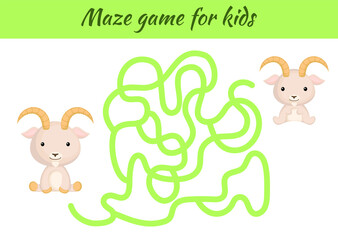 Funny maze or labyrinth game for kids. Help father find path to baby. Education developing worksheet. Activity page. Cartoon goat characters. Riddle for preschool. Color vector stock illustration.