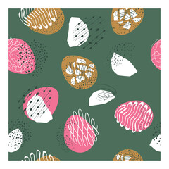 Seamless pattern for surface, texture, fabric, wallpaper, home decor, stationery, wrapping paper, gift packaging, random scribble, hand-drawn dots and lines, doodle, drills, eggs in gold and pink