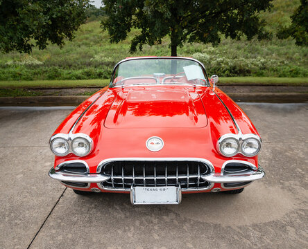 Front view of a red vintage 1959 Chevrolet Corvette classic car on October 20, 2018 in Westlake, Texas.