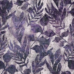Dark moody purple and green tropical leaf seamless textural repeat pattern. Highly intricate and deeply detailed background swatch. Luxurious rich fashion textile feel.