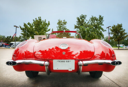 Rear view of a red vintage 1959 Chevrolet Corvette classic car on October 20, 2018 in Westlake, Texas.