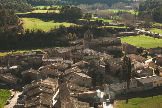 Aerial view of old small village. Orista, Catalunya, Spain.